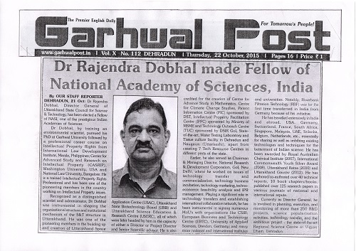 Dr Rajendra Dobhal conferred National Academy of Sciences, India (NASI) Fellow 